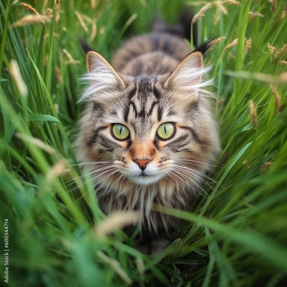 Maine Coon standing in green grass. Generative AI