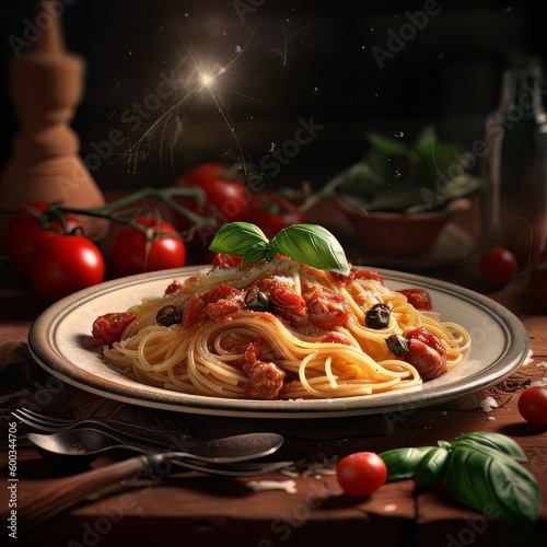 traditional spaghetti on the wooden table . Generative AI © Firma