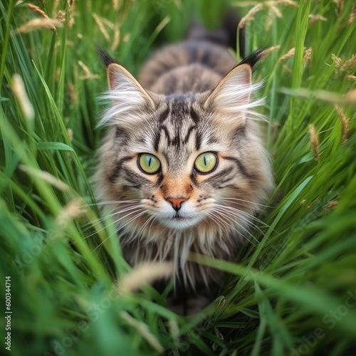 Maine Coon standing in green grass. Generative AI © Firma