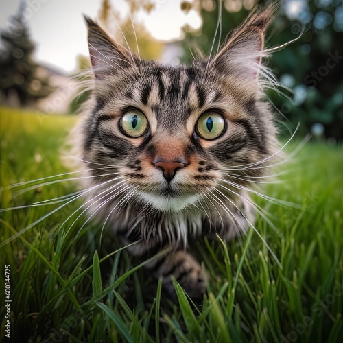 Maine Coon standing in green grass. Generative AI © Firma