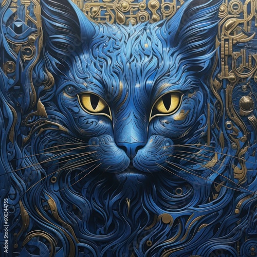 Blue cat abstract ilustration with yellow eyes. Generative AI © Firma