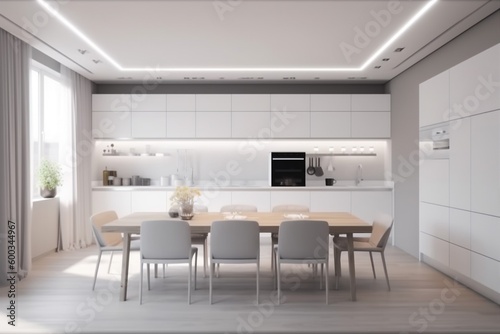kitchen dining home interior house design table chair modern nobody furniture. Generative AI. © VICHIZH