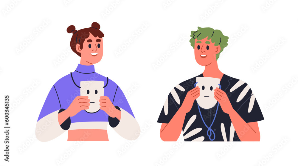 Happy smiling people revealing real feeling, showing positive attitude, love and respect, taking off neutral masks, face expressions. Flat graphic vector illustration isolated on white background Happy smiling people revealing real feeling, showing positive attitude, love and respect, taking off neutral masks, face expressions. Flat graphic vector illustration isolated on white background
