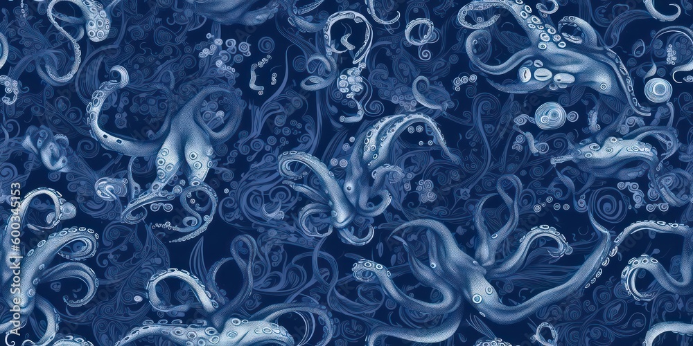 Octopus Squid Sea horse sketchy vector seamless pattern. Underwater ...