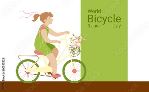 World Bicycle Day girl on a bike on white background. Vector illustration for decoration, postcards, print, fabric