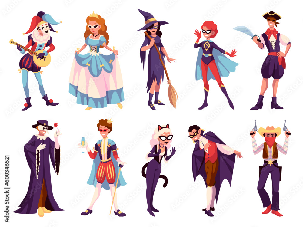 Masquerade costumes people. Funny men and women in holiday carnival wears, renaissance, halloween and western parties. Characters on performance cartoon flat isolated tidy vector set