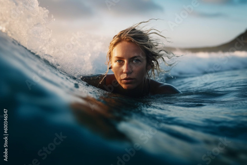 Portrait of surfing girl. Created with generative Ai technology.