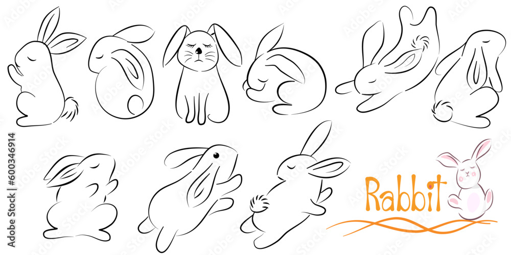 Hand-drawn outline sketch of a cute and friendly rabbit, with simple and minimalist style