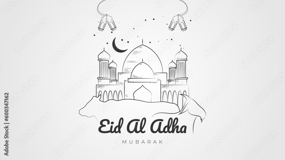 Doodle style eid al adha greeting with mosque  cow  and goat