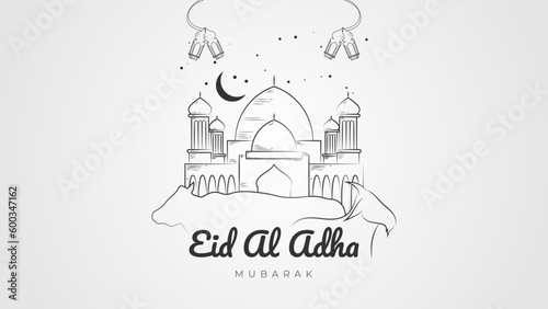 Doodle style eid al adha greeting with mosque  cow  and goat