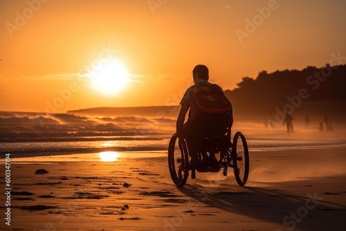 silhouette of a person on a wheelchair at a beach