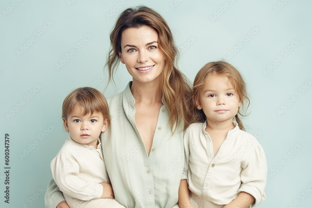 Portrait of a happy mother holding her children on soft mint blue color background, Generative ai Portrait of a happy mother holding her children on soft mint blue color background, Generative ai