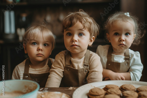 Three small cute children, standing in the kitchen