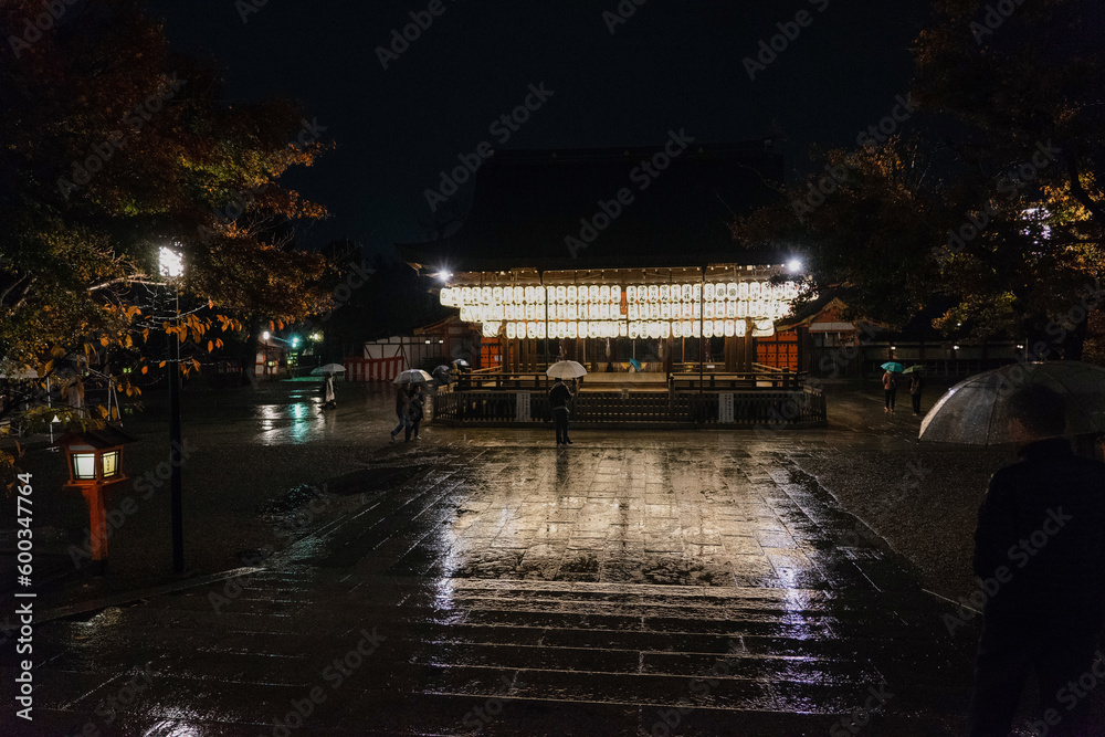 night view of yasaka shinto temple in kyoto in rain