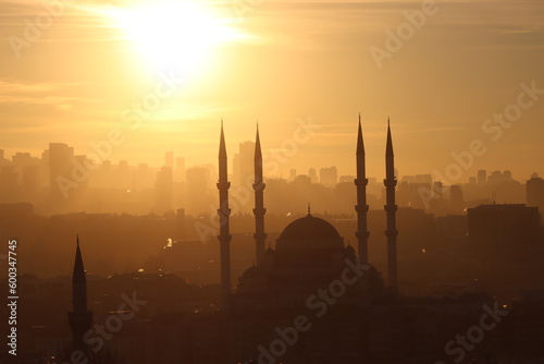 The view of Kocatepe Mosque at sunset in Ankara, Turkey.