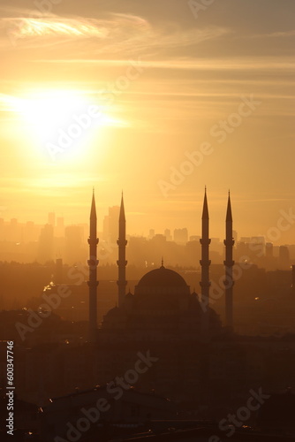 The view of Kocatepe Mosque at sunset in Ankara, Turkey.