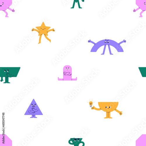 Seamless pattern, cute funny geometry shapes characters. Fun geometric figure...