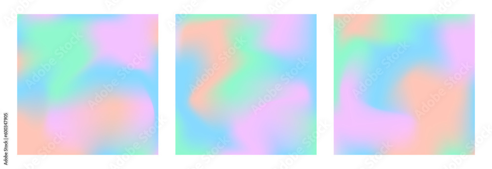 Holographic cover set with hologram gradient background. 90s, 80s retro style. Iridescent graphic template for brochure, banner, wallpaper, mobile screen. Colorful minimal holographic cover.