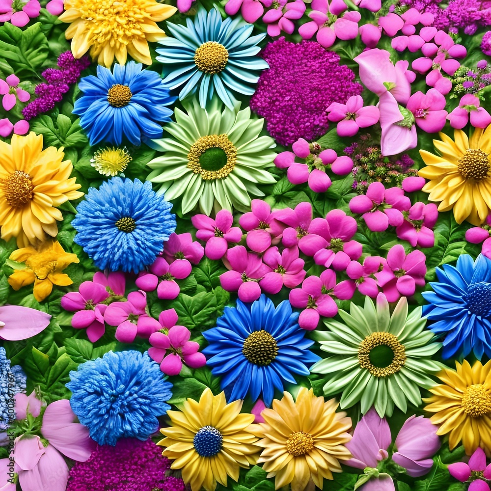 A tessellation of flowers in various sizes and colors, blooming in different directions4, Generative AI