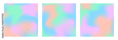 Holographic cover set with hologram gradient background. 90s, 80s retro style. Iridescent graphic template for brochure, banner, wallpaper, mobile screen. Colorful minimal holographic cover.