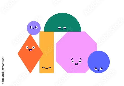 Funny geometric shapes composition. Cute geometry figures group. Different emotions, face expressions. Abstract team, community concept. Flat graphic vector illustration isolated on white background