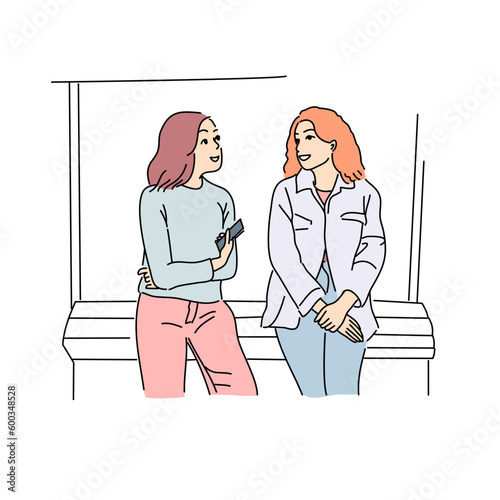 Woman talking with friend sitting at bus stop. Hand draw illustration on white background.