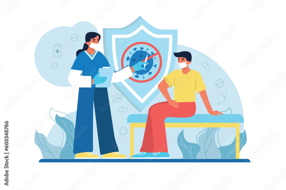 Medicine blue concept Covid with people scene in the flat cartoon design. The doctor vaccinates the patient against a terrible disease. Vector illustration.