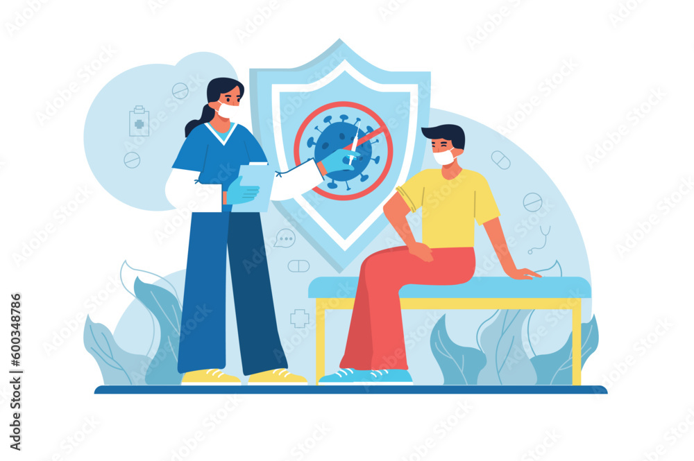 Medicine blue concept Covid with people scene in the flat cartoon design. The doctor vaccinates the patient against a terrible disease. Vector illustration. Medicine blue concept Covid with people scene in the flat cartoon design. The doctor vaccinates the patient against a terrible disease. Vector illustration.