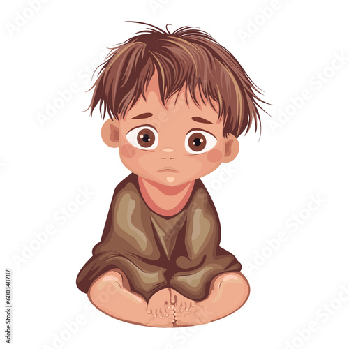 A child is an orphan. Vector image of a little boy. Concept of helping children, orphans, refugees because of war, deprivation of parental rights, loss of breadwinner. Homeless child.
