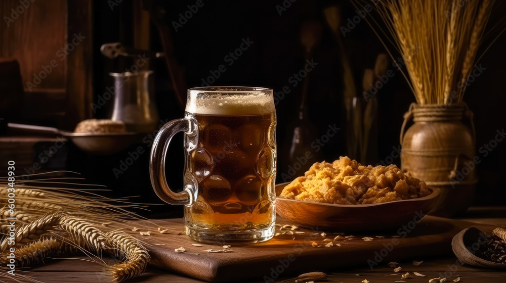 Glass of beer with wheat on wooden background. Ai generated Glass of beer with wheat on wooden background. Ai generated