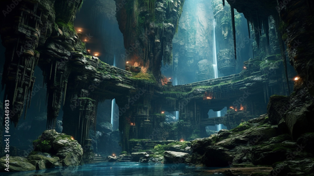 Complex Cave System Layout Generative AI, A hidden cave system with underground rivers Stock ...
