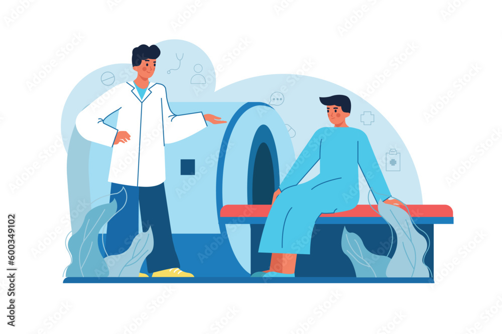 MRI room medicine blue concept with people scene in the flat cartoon style. The patient came to a special room in the hospital to do an MRI. Vector illustration. MRI room medicine blue concept with people scene in the flat cartoon style. The patient came to a special room in the hospital to do an MRI. Vector illustration.
