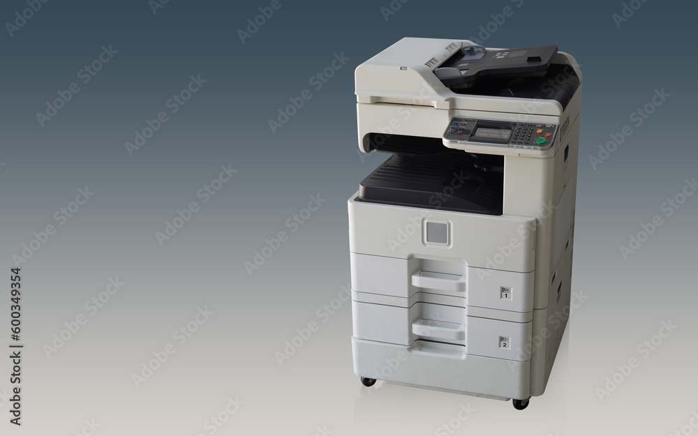 large and long white and black printer on grey and white stone background, technology, object, banner, template, copy space large and long white and black printer on grey and white stone background, technology, object, banner, template, copy space