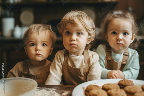Three small cute children, standing in the kitchen