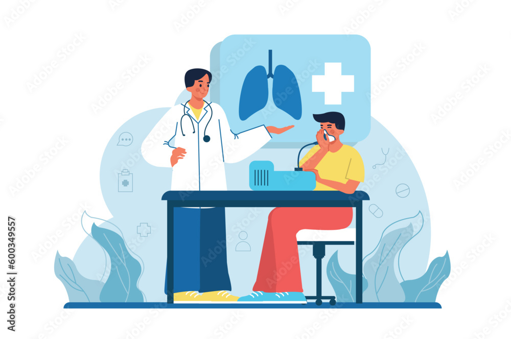 Inhalation medicine blue concept with people scene in the flat cartoon style. The doctor monitors how the child inhales. Vector illustration. Inhalation medicine blue concept with people scene in the flat cartoon style. The doctor monitors how the child inhales. Vector illustration.