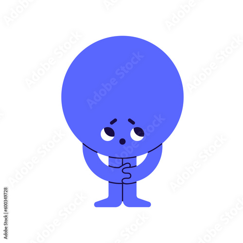Cute circle character, ashamed guilty embarrassed emotion, face expression. Confused geometric figure feeling shame. Shy geometry shape. Flat graphic vector illustration isolated on white background