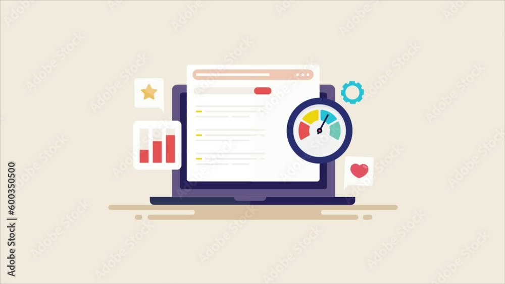 Web page loading speed with integrated social media with web content, data analytics on laptop screen. SEO optimization ranking development video animation.