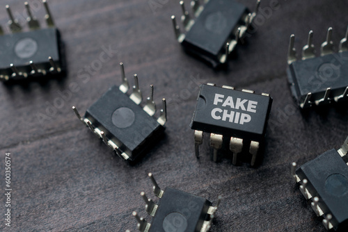 Fake chip concept: a bunch of integrated circuit on a wooden table photo