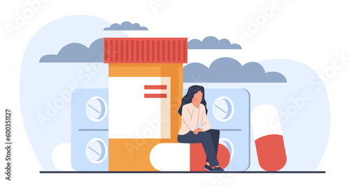 Woman copes with depression with antidepressants and hormones. Medical treatment of psychological problems. Dad woman sitting on huge pill. Cartoon flat style isolated vector concept