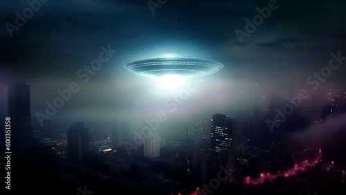 Unbekanntes Flugobjekt über einer Stadt. Fotorealistische UFO Illustration, Neblige, dramatische Stimmung, KI generiert photo