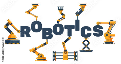 Word robotics, folds in with robots and mechanisms. Robotic arms and letters. Modern technology, automatic electronic manipulators, mechanical tools. Cartoon flat isolated vector concept