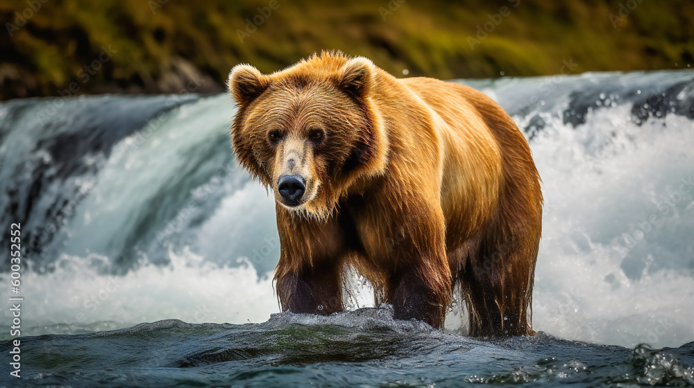 Brown bear catches salmon at waterfall. Ai Generated Brown bear catches salmon at waterfall. Ai Generated