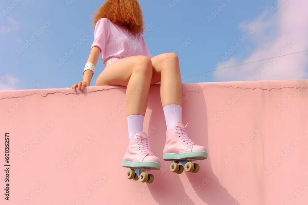 Photo of a woman sitting on a wall with roller skates. She has white shorts and the wall is millennial pink Y2k aesthetic.. Generative AI. - obrazy, fototapety, plakaty 