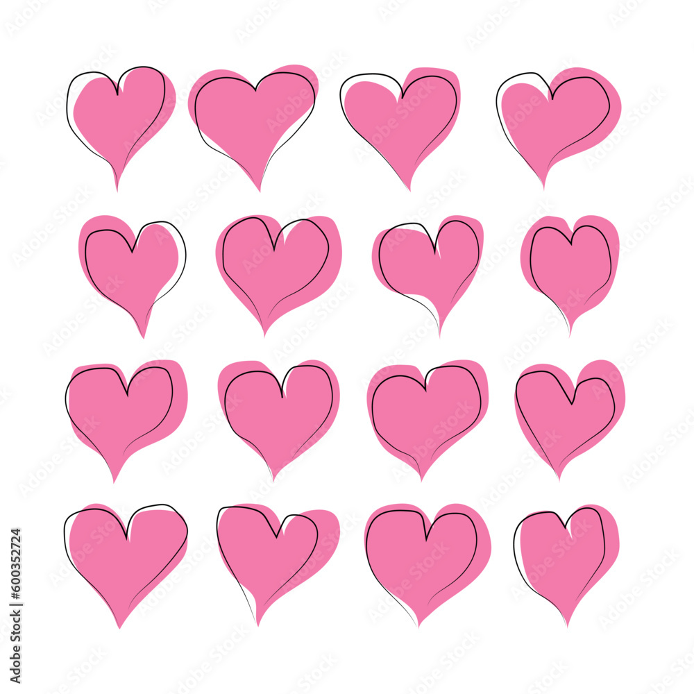 A set of pink hearts of different shapes. Vector flat illustration.