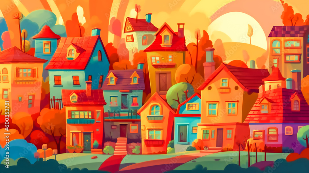 Colorful Cartoon Houses. Generative AI