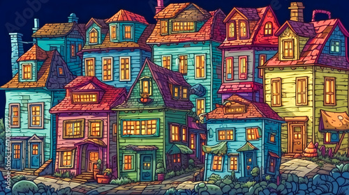 Colorful Cartoon Houses. Generative AI © EwaStudio