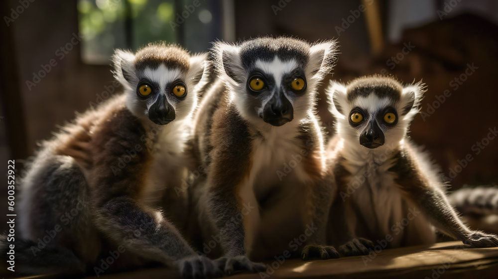 Obraz premium Curious Lemur Family Investigating Their Surroundings. Generative AI