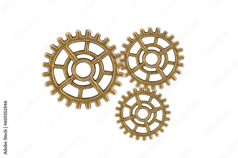 Gear and cogs wheels isolated on a white background, clock mechanism, brass metal engine industrial. Gear and cogs wheels isolated on a white background, clock mechanism, brass metal engine industrial.