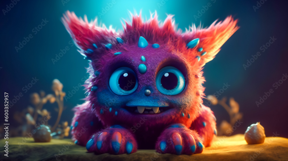 Fototapeta premium Cute and cuddly monster. Furry friend with big, friendly eyes and a cheerful grin. Generative AI