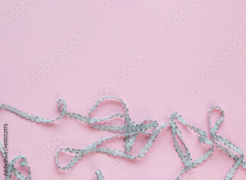 Background for needlework and sewing master, ribbons of embroidered with threads., DIY. Blur effect. Weak focus. Embroidery by hand and machine. tape